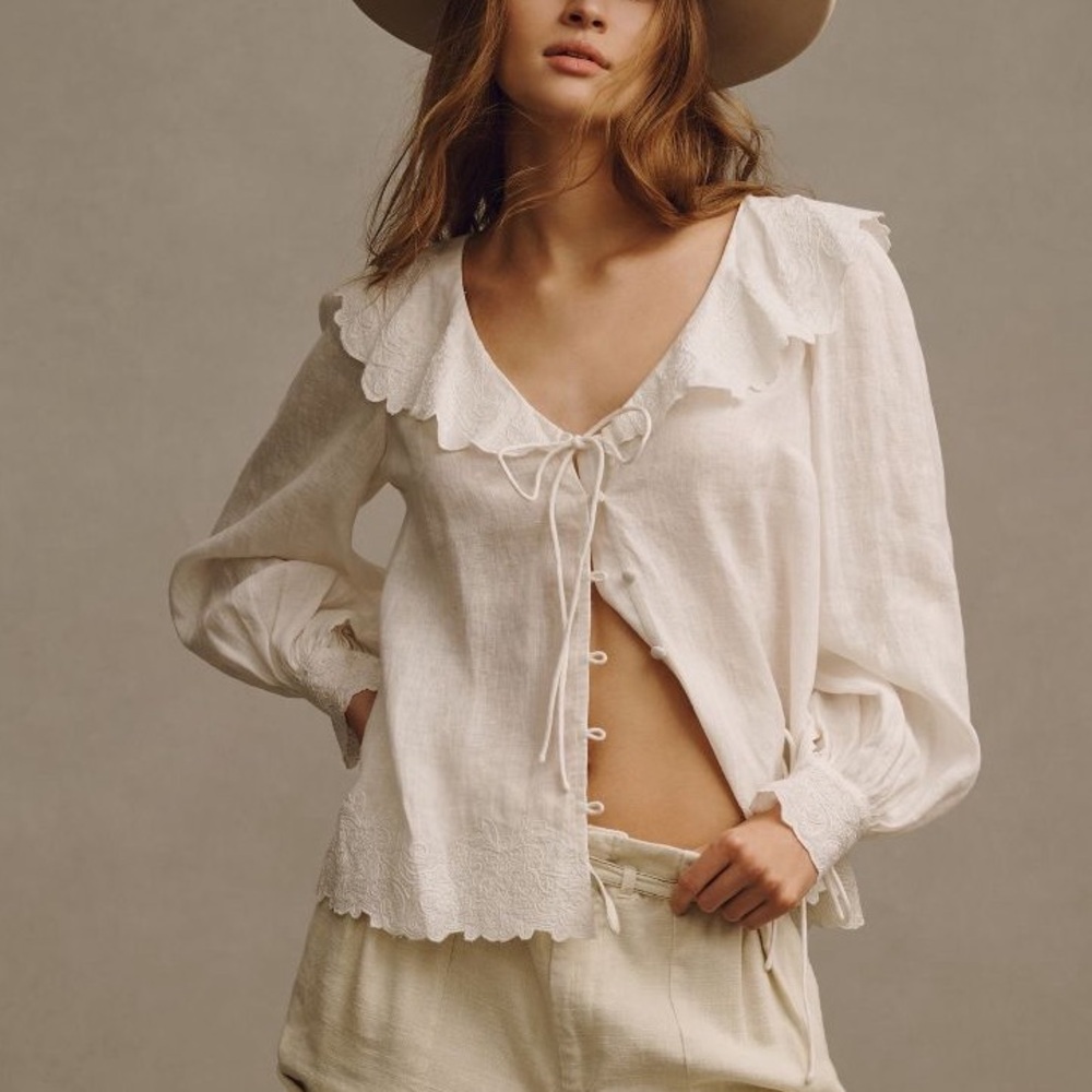 Nwt embroidered tie front blouse anthro